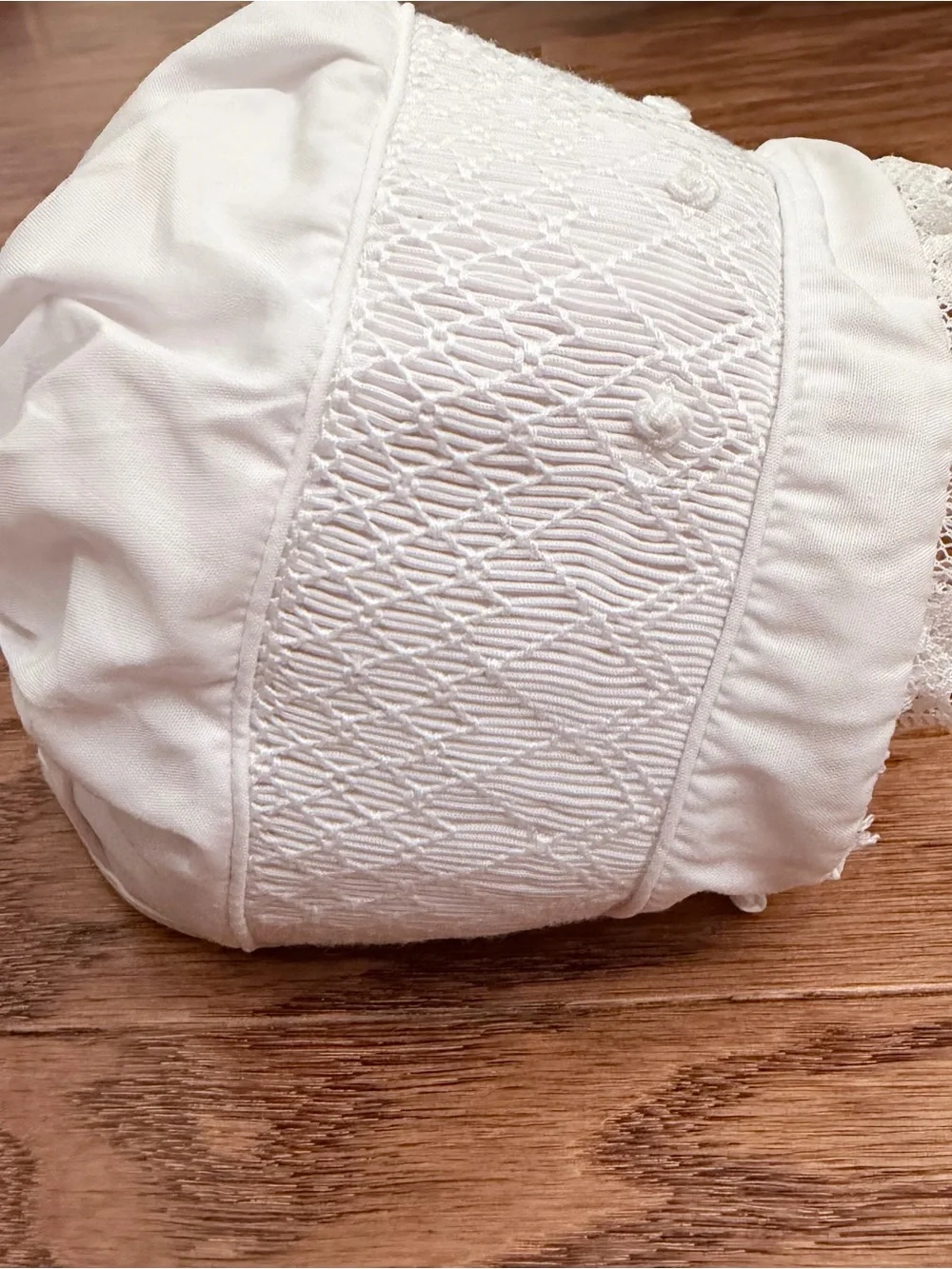 Smocked Classic White Lace-Trim Baby Bonnet